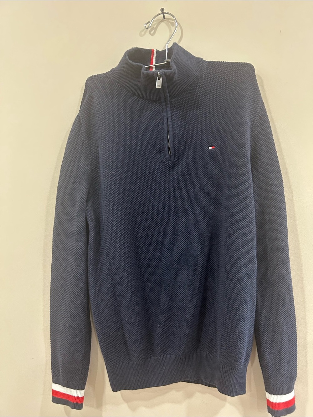 Tommy Hilfiger Navy Half-Zip Textured Knit Sweater with Red-White Trim